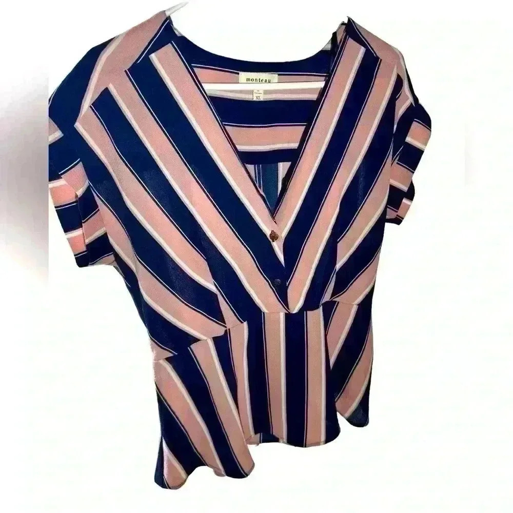 Monteau Women's Lightweight Short Sleeve V Neck Blouse Size XL Pink, Blue, Wht